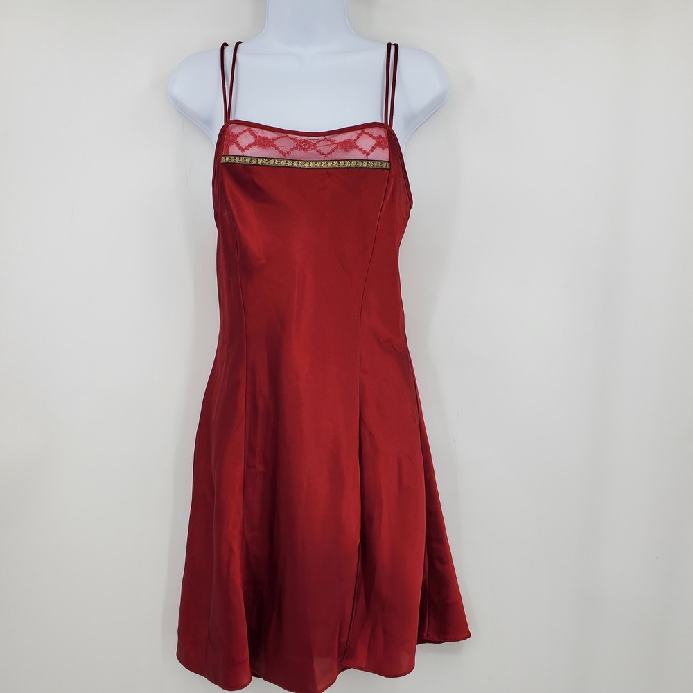 Vintage Delicates Y2K Red Satin Slip Dress Mesh Trim Medium Coquette Whimsigoth